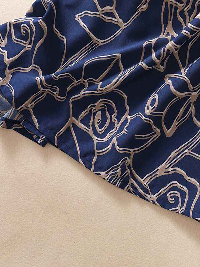 Cotton And Linen Printed Mid-Length Tie-Waist Round Neck Dress