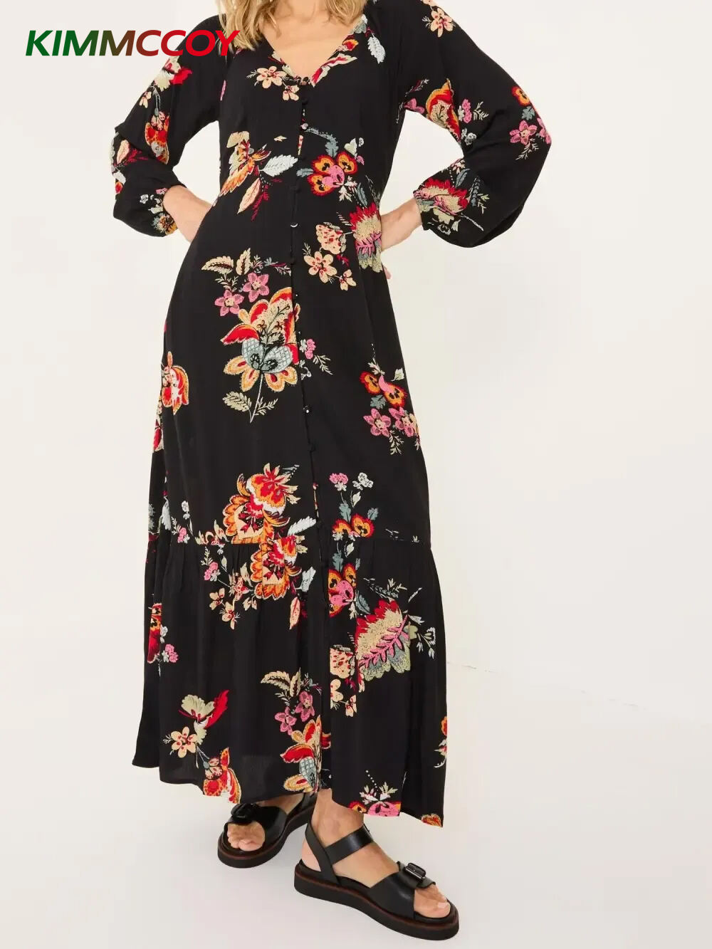 Black Floral Long Sleeve Midi Dress