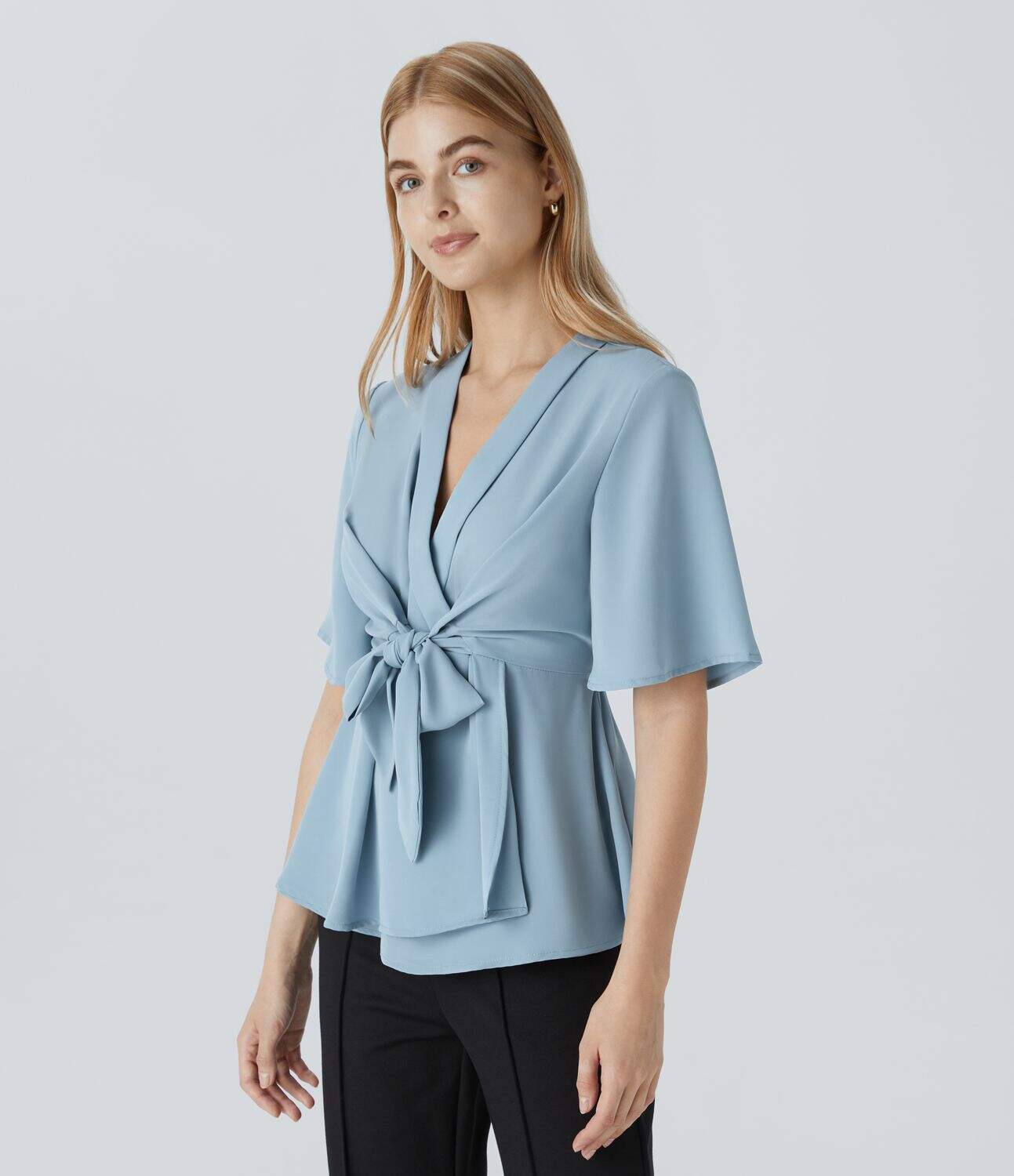 V Neck Short Sleeve Wrapped Tie Front Work Blouse