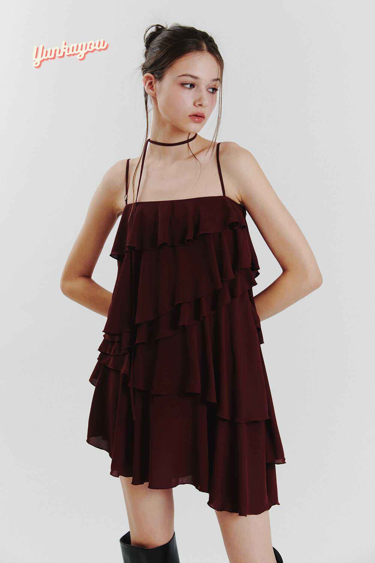 PAIN OR PLEASURE ELLA FRILL DRESS WINE