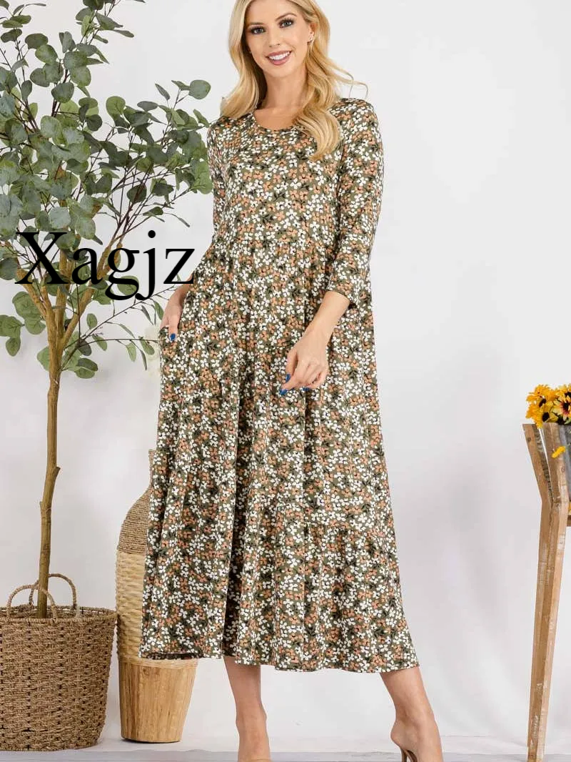 Floral Tiered 3/4 Sleeve Midi Dress