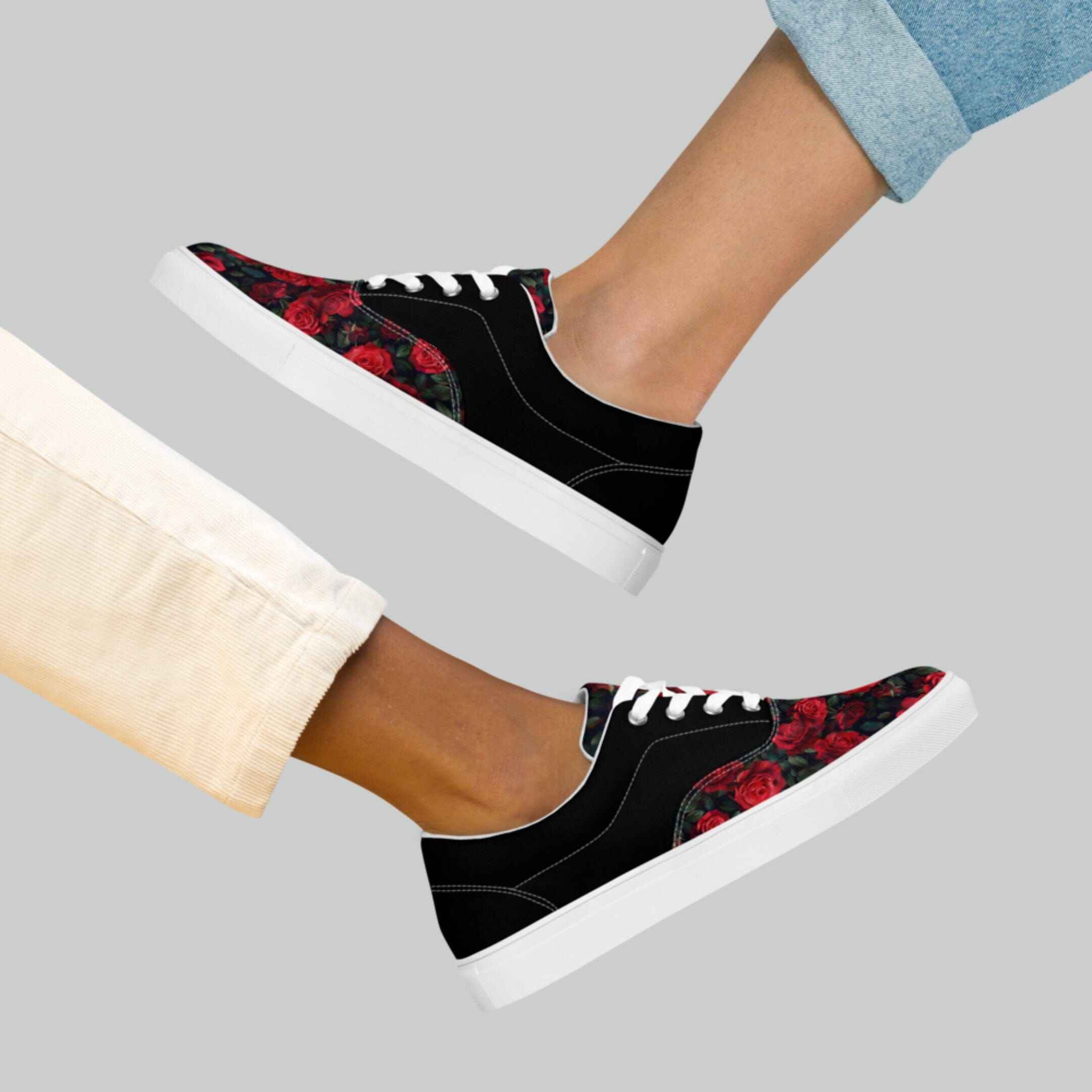 Black and Red Rose Lace-Up Canvas Shoes