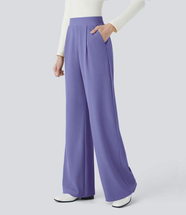 Ha High Waisted Body Sculpt Waist-Slimming Side Pocket Wide Leg Micro Waffle Work Pants