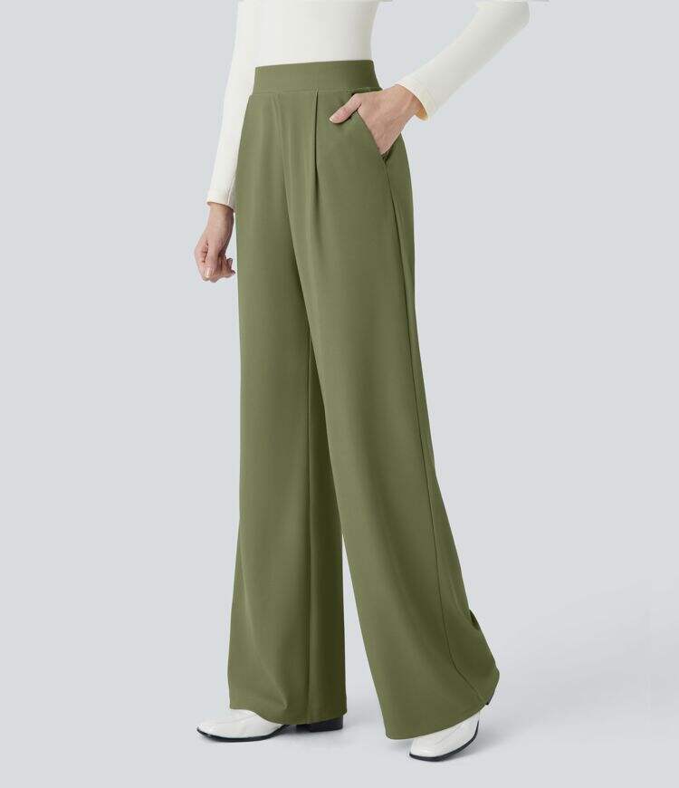 Ha High Waisted Body Sculpt Waist-Slimming Side Pocket Wide Leg Micro Waffle Work Pants