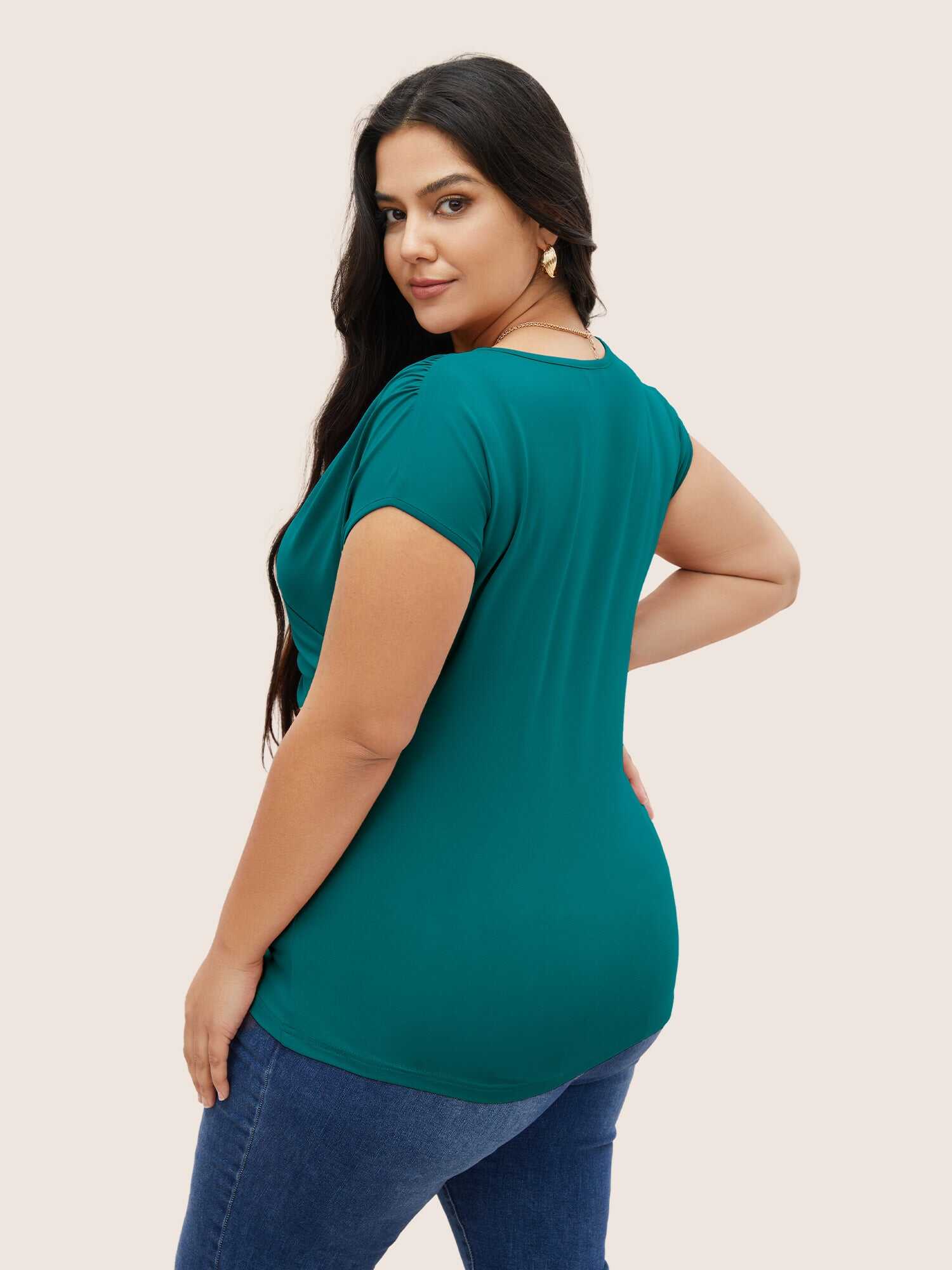 Plain Ruched Overlap Collar Dolman Sleeve Knit Top