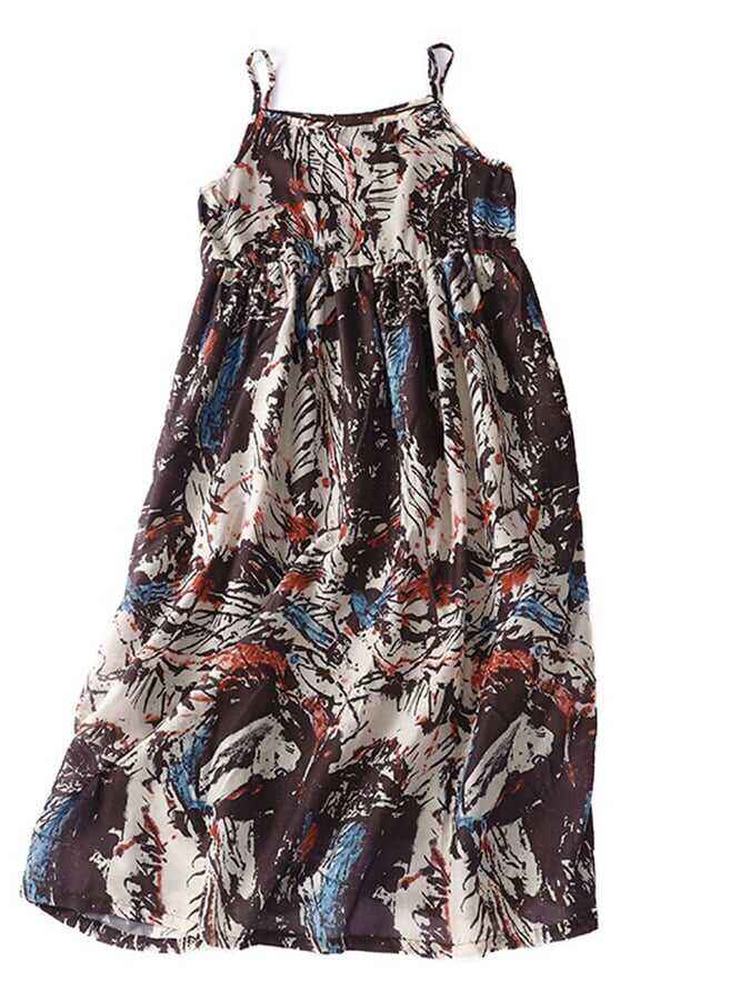 Cotton And Linen Literary Sleeveless Strap Black Printed Dress