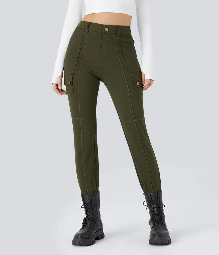 High Waisted Button Zipper Multiple Pockets Solid Skinny Hiking Cargo Pants