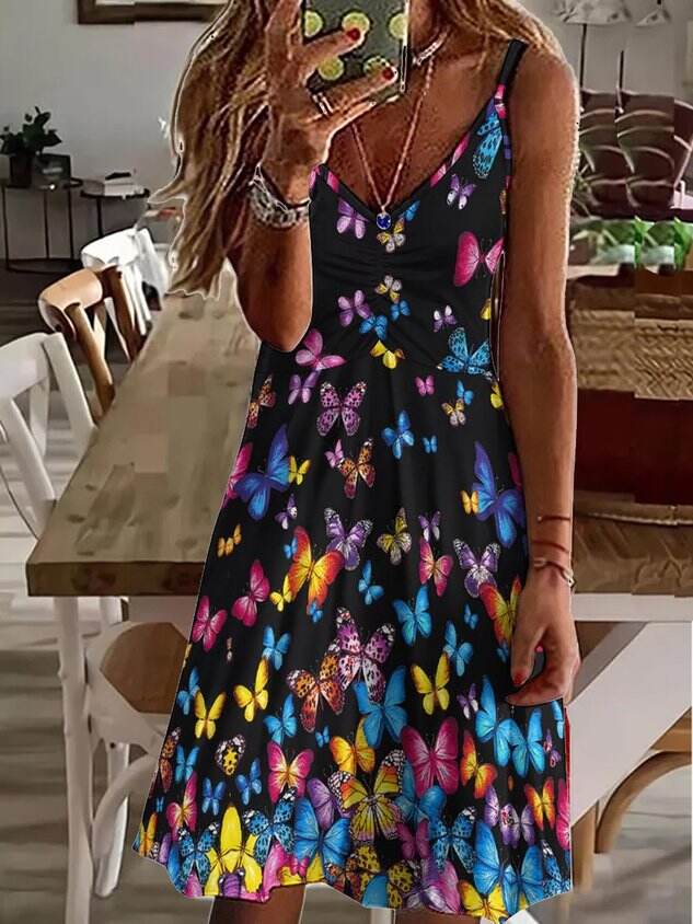 Womens Butterfly Casual V Neck Dress
