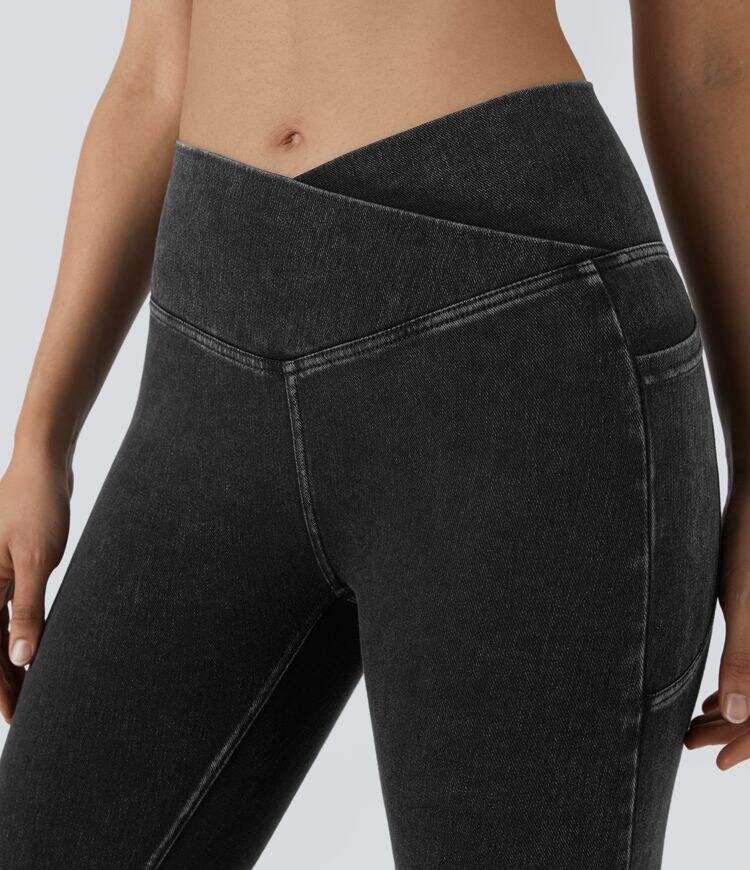 Crossover Side Pocket Washed Stretchy Knit Denim Work Leggings