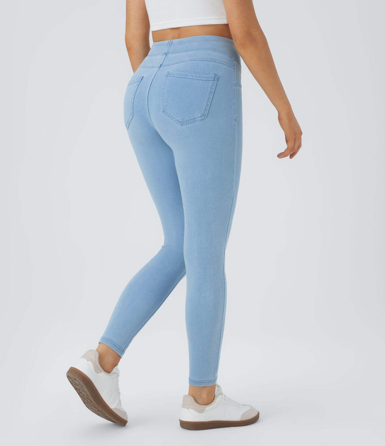 Ha High Waisted Back Side Pocket Stretchy Knit Denim Casual Leggings