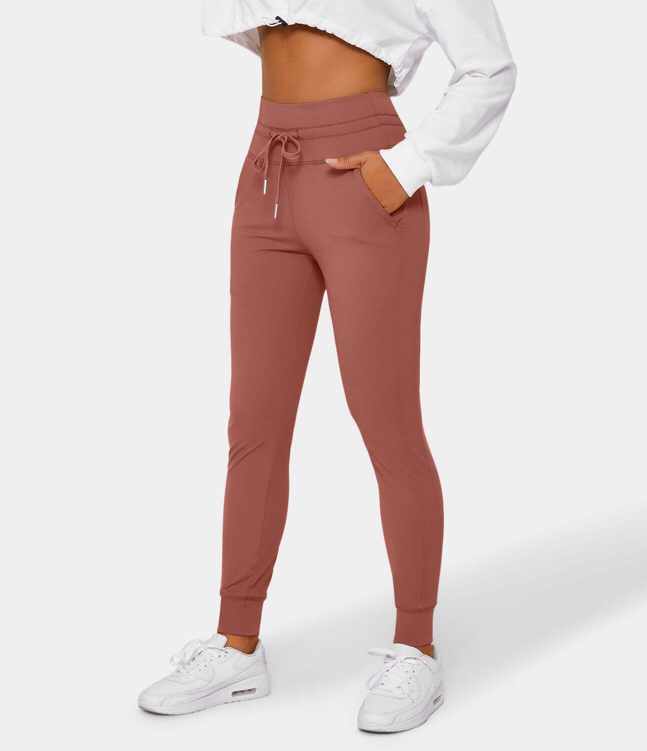 Airy High Waisted Drawstring Side Pocket Plain Cool Touch Full Length Joggers-UPF50+