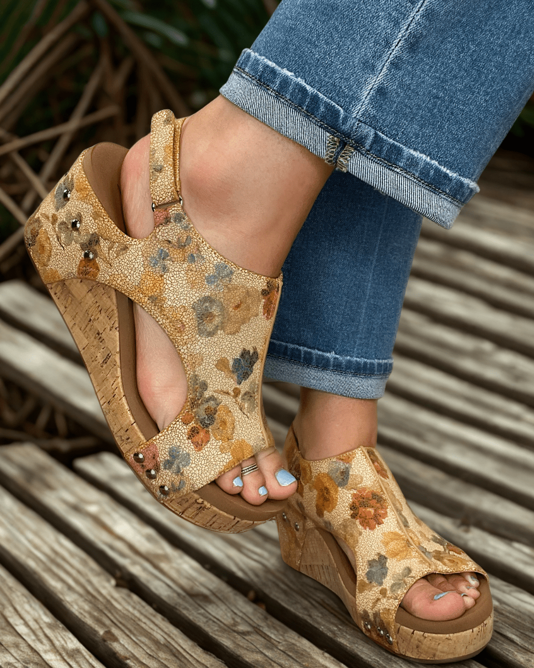 Corkys Footwear Carley Wedge Sandal - Camel Washed Flower
