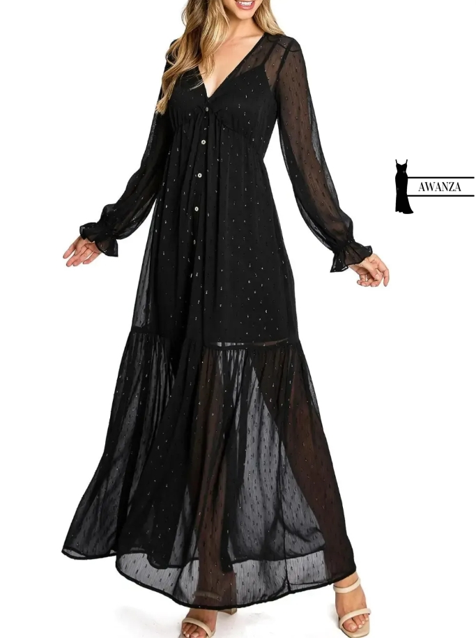 Black Chiffon - Sleeve Button - Front Maxi Dress
