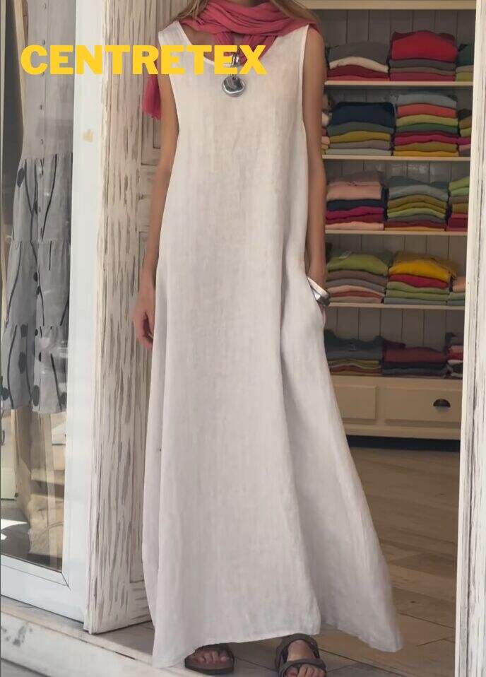 Casual cotton and linen long dress with pockets