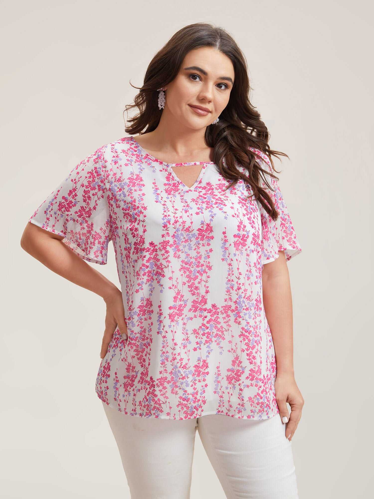 Floral Neck Cut-Out Flutter Sleeve Shirt