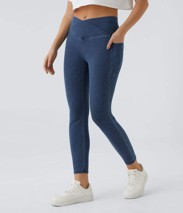 Crossover Side Pocket Washed Stretchy Knit Denim Work Leggings