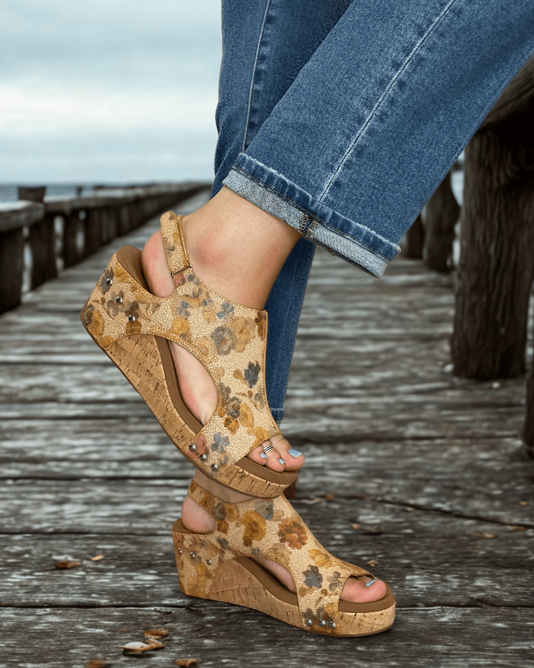 Corkys Footwear Carley Wedge Sandal - Camel Washed Flower