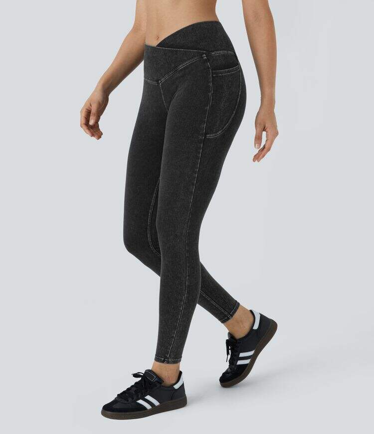 Crossover Side Pocket Washed Stretchy Knit Denim Work Leggings