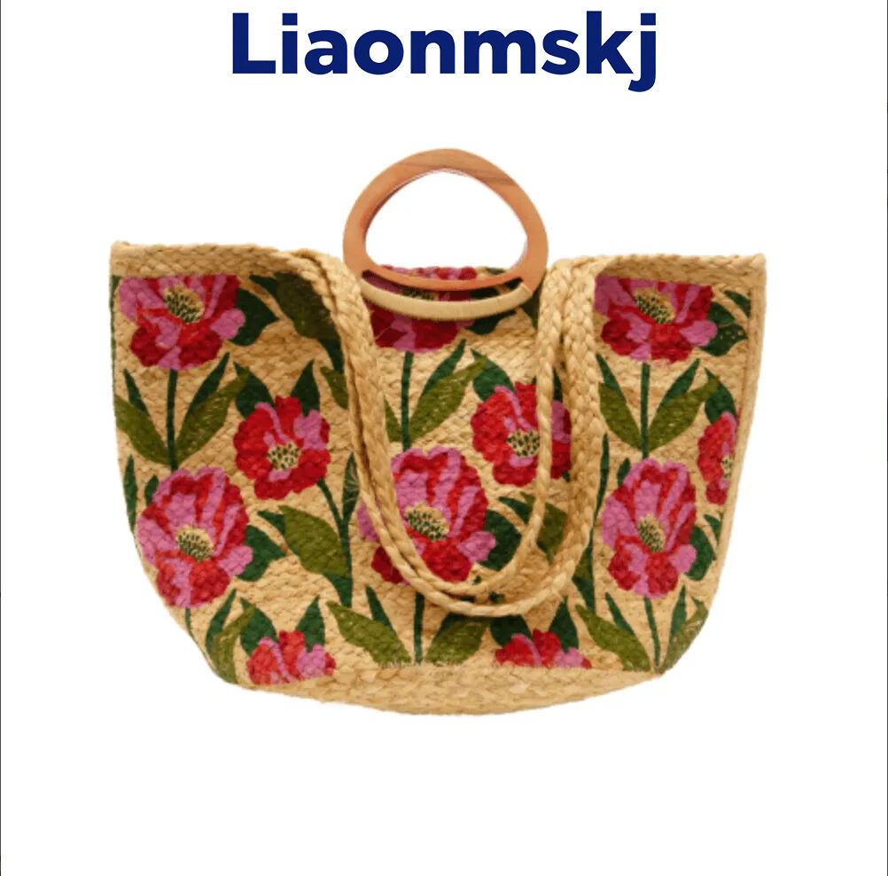Poppy Painted Nell Wood Handle Jute Tote Bag