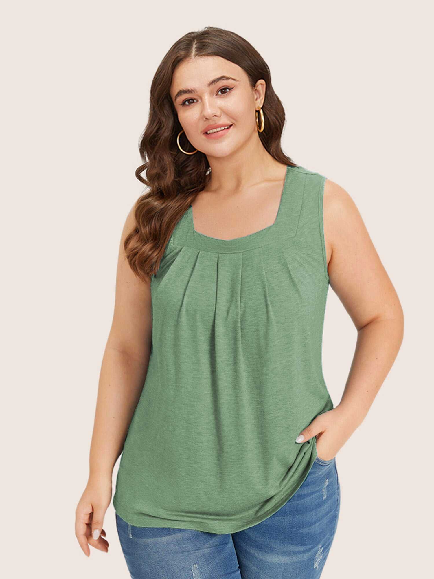 Heather Plicated Detail Square Neck Tank Top