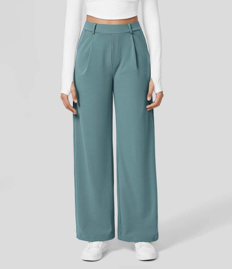 High Waisted Plicated Side Pocket Straight Leg Work Pants