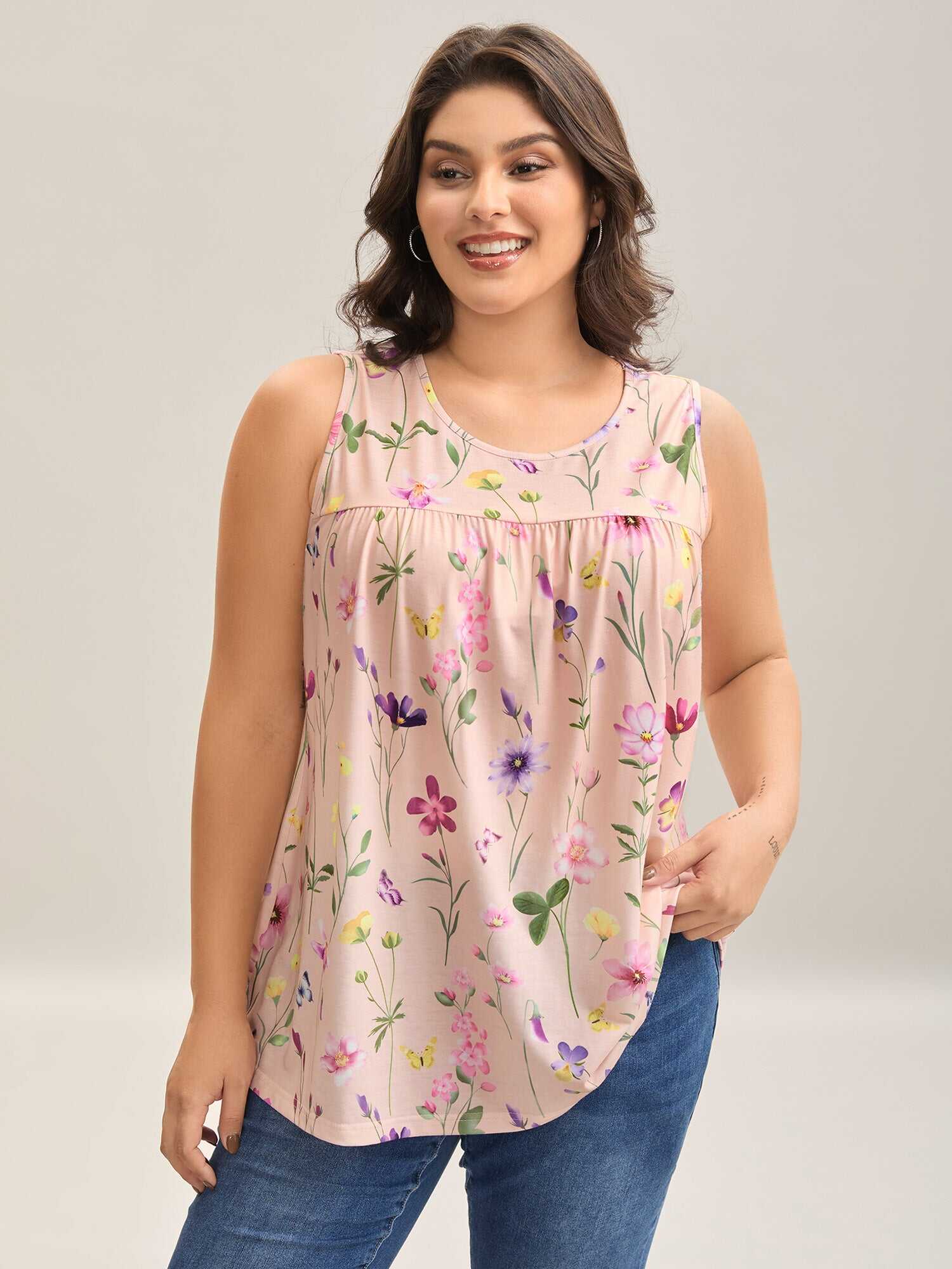 Floral Print Flowy Pleated Tank Top