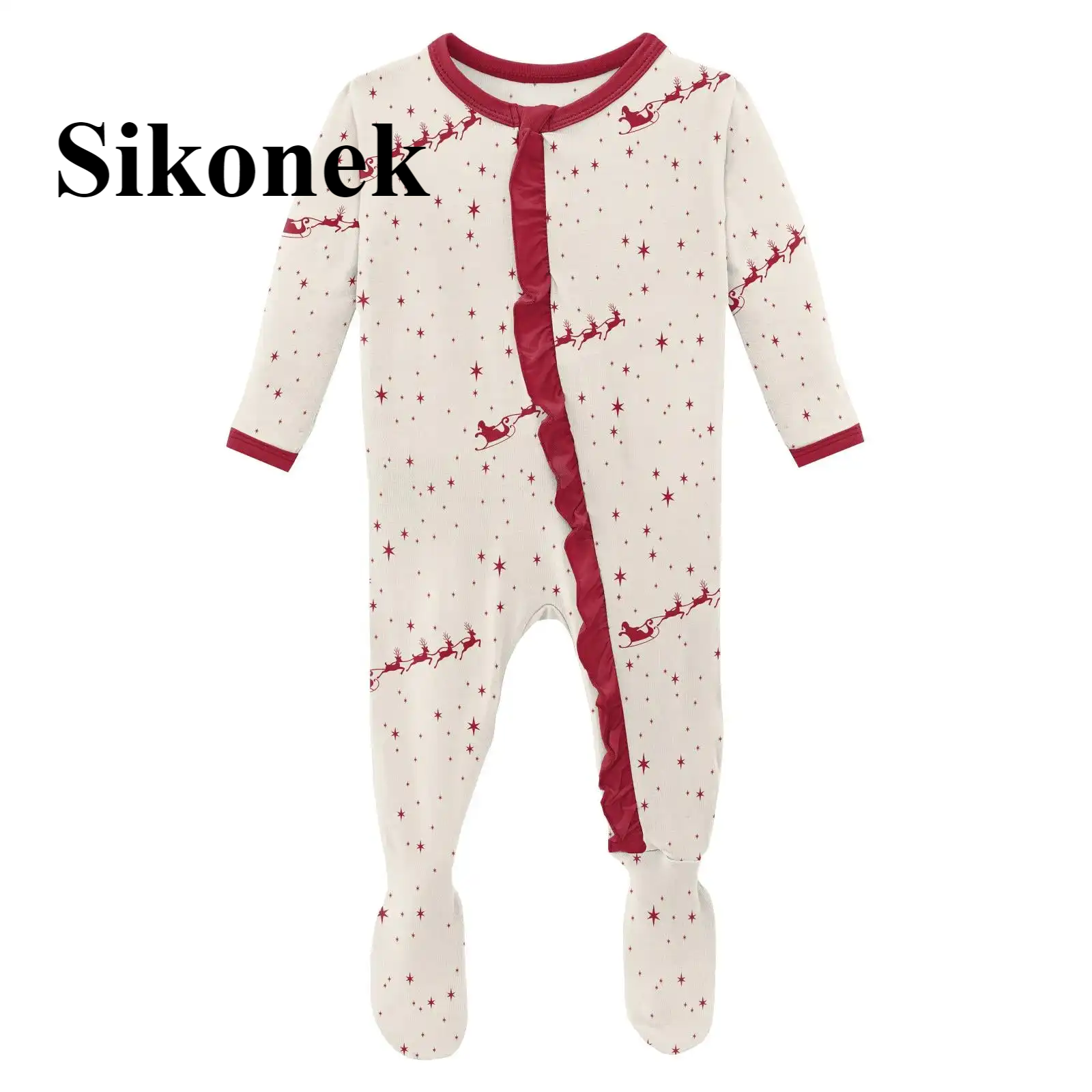 Print Classic Ruffle Footie with Zipper in Natural Flying Santa