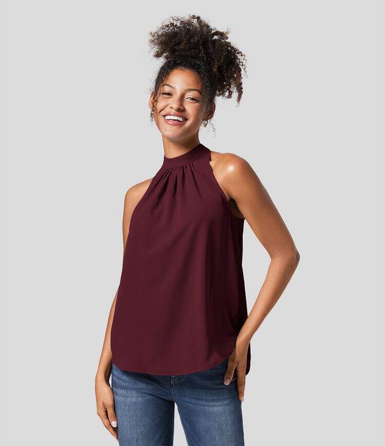 Keyhole Back Halter Plicated Sleeveless Curved Hem Work Blouse