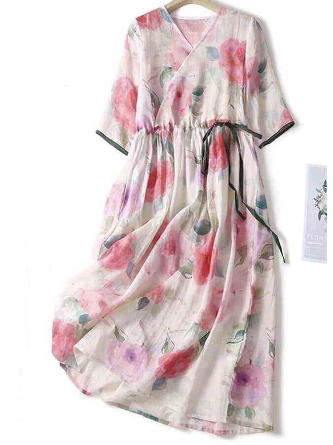 Cotton Linen Pink Printed Loose And Thin V-Neck Long Skirt With Pockets