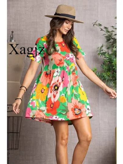 Bold Floral Short Sleeve Babydoll Mini Dress