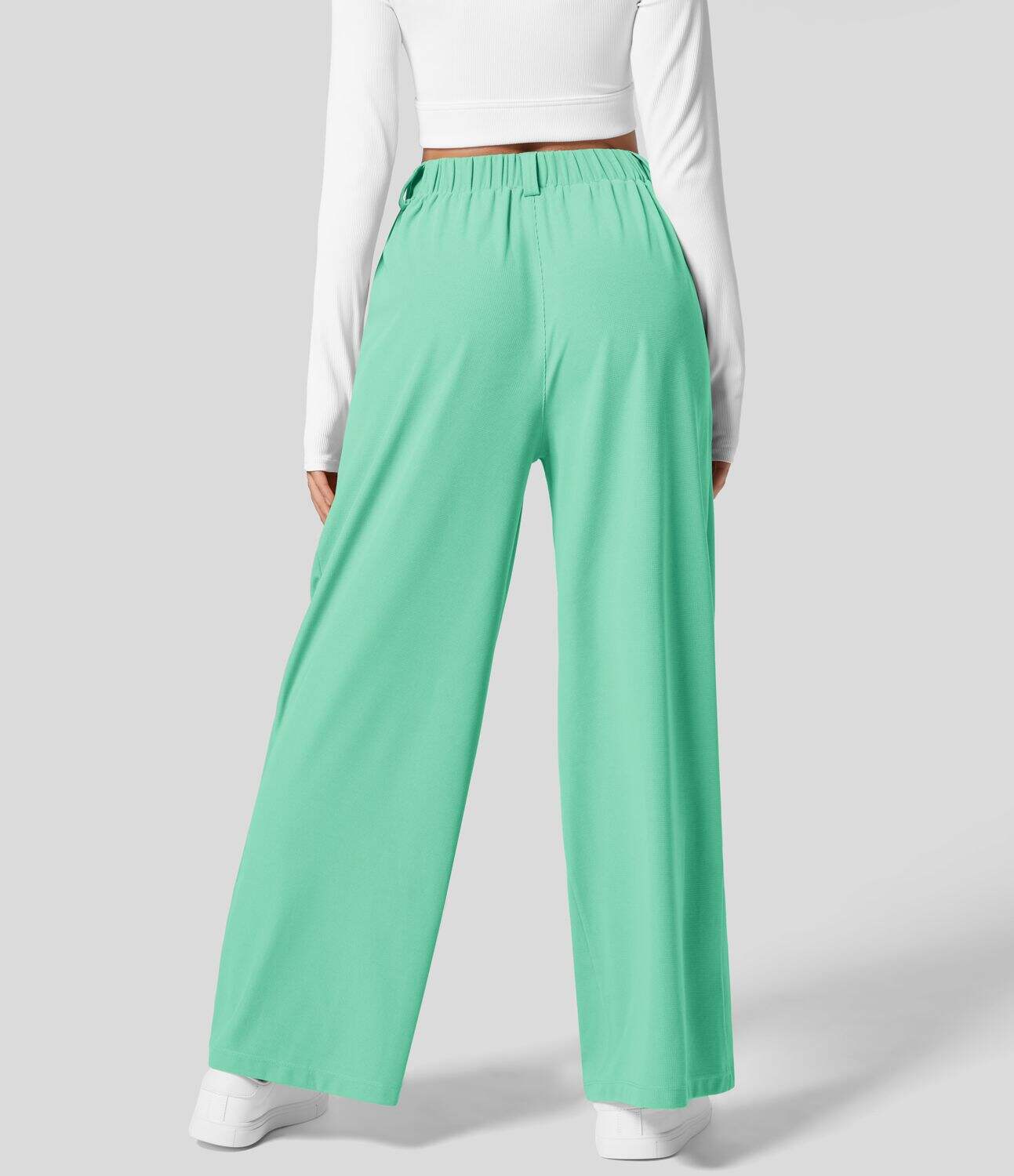 High Waisted Plicated Side Pocket Wide Leg Waffle Work Pants