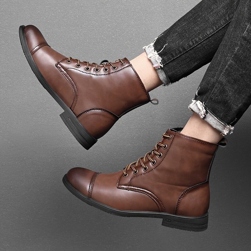 Italian Men's High-top Leather Boots Cap Toe Waterproof Wear-resistant Dress Boots Work Boots