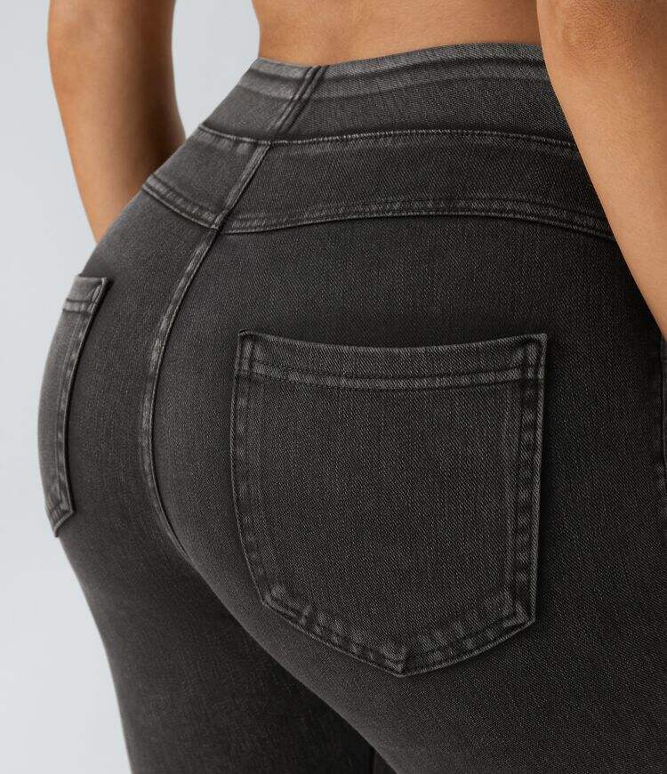 Ha High Waisted Back Side Pocket Stretchy Knit Denim Casual Leggings