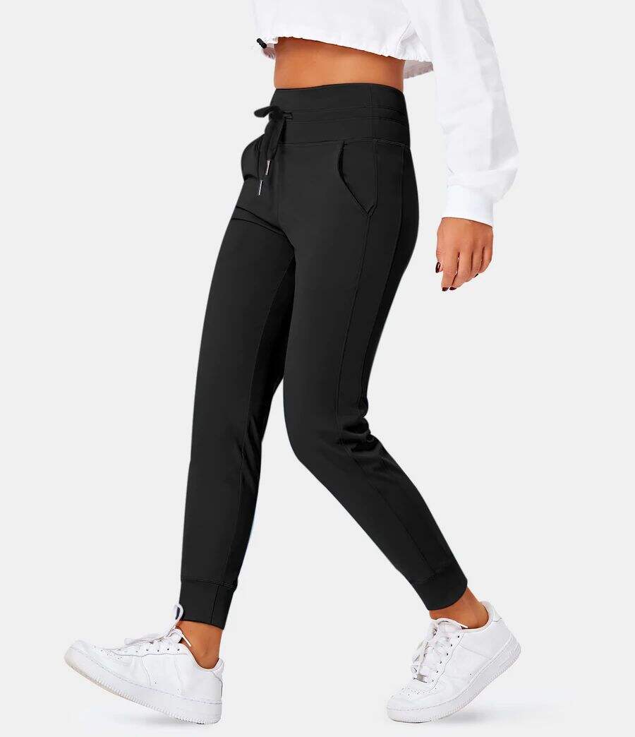 Airy High Waisted Drawstring Side Pocket Plain Cool Touch Full Length Joggers-UPF50+