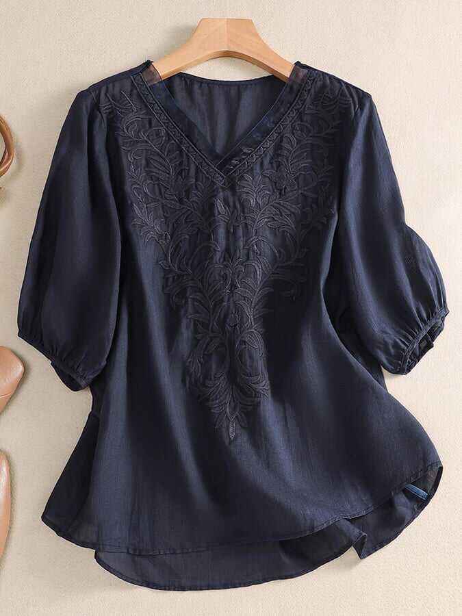 Mesh Embroidery V-Neck Loose Casual Shirt