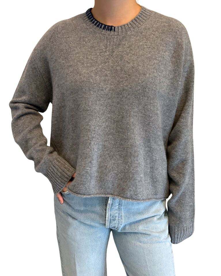 Lafata Whipstitch Crew in Heather Grey/Navy Whipstitch