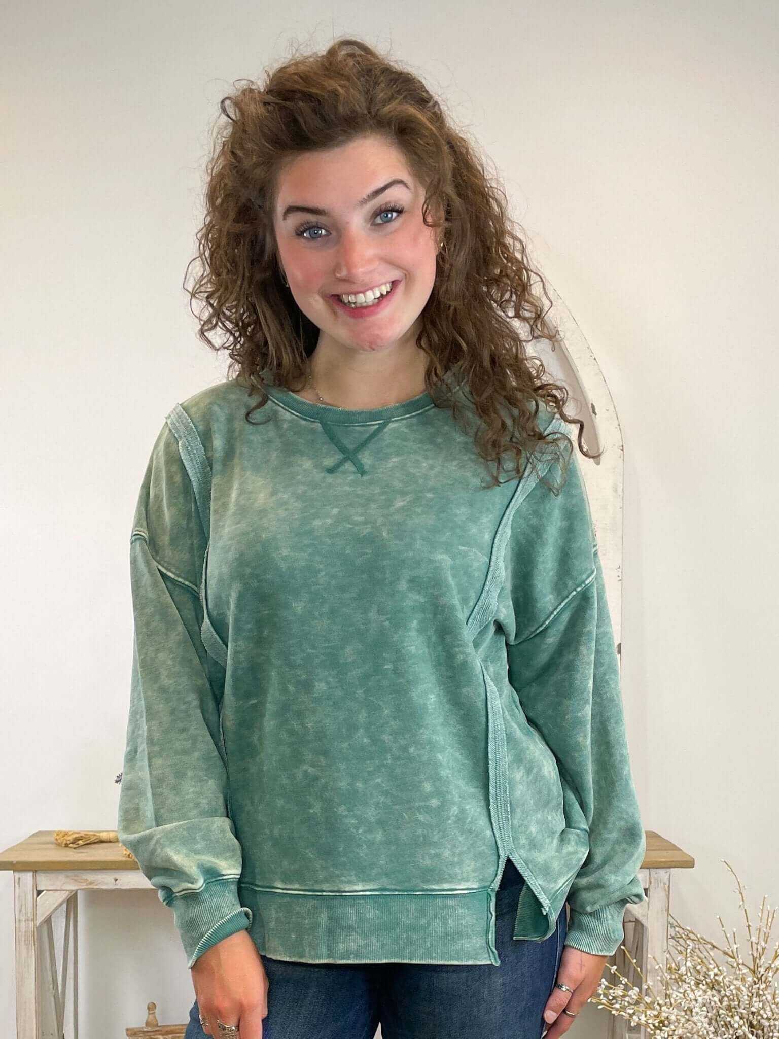 Comfy Crewneck Mineral Washed Sweatshirt Pullover - Green