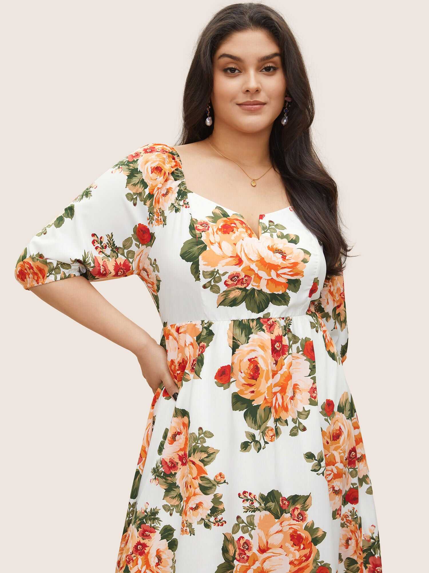Floral Print Notched Elastic Cuffs Dress