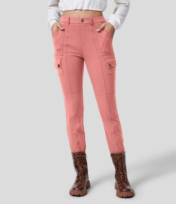 High Waisted Button Zipper Multiple Pockets Solid Skinny Hiking Cargo Pants