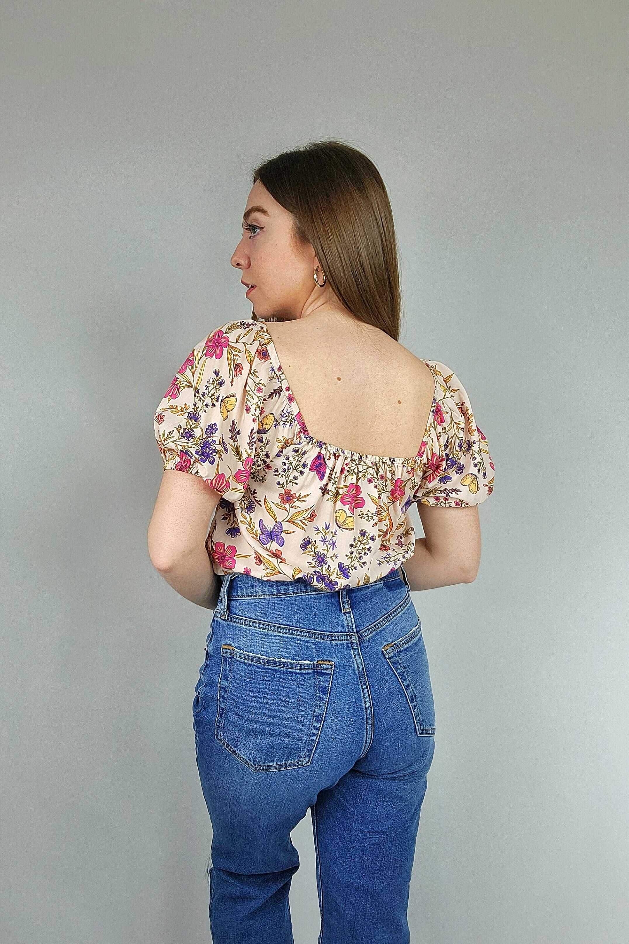 Butterfly Floral Square Neck Short Sleeve EcoVero Blouse