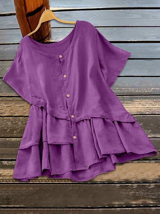 Cotton And Linen Irregular Hem Short-sleeved Casual Top