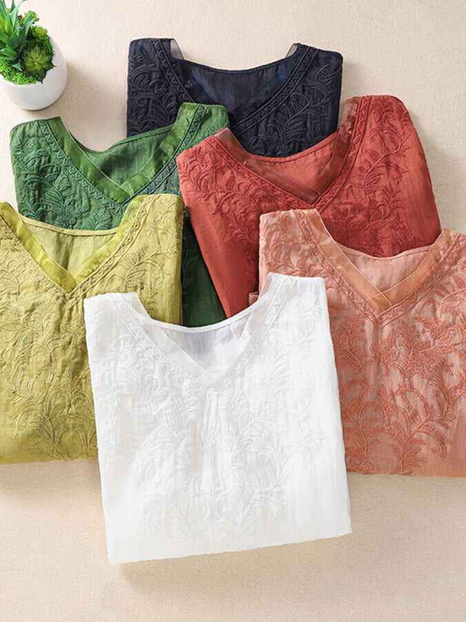 Mesh Embroidery V-Neck Loose Casual Shirt