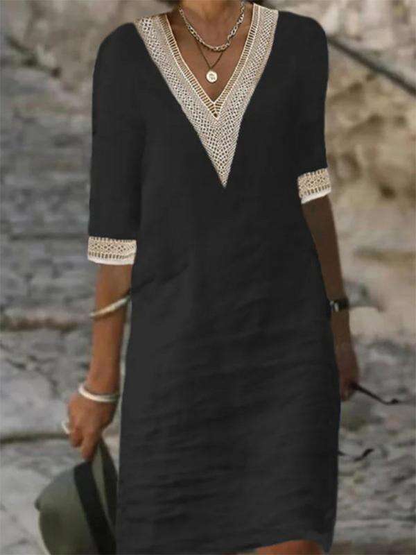 Solid Color V-neck Mid-sleeve Cotton and Linen Casual Dress