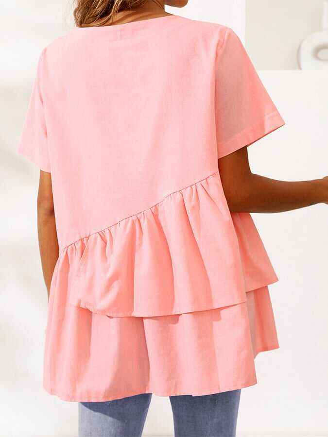 Cotton And Linen Irregular Hem Short-sleeved Casual Top