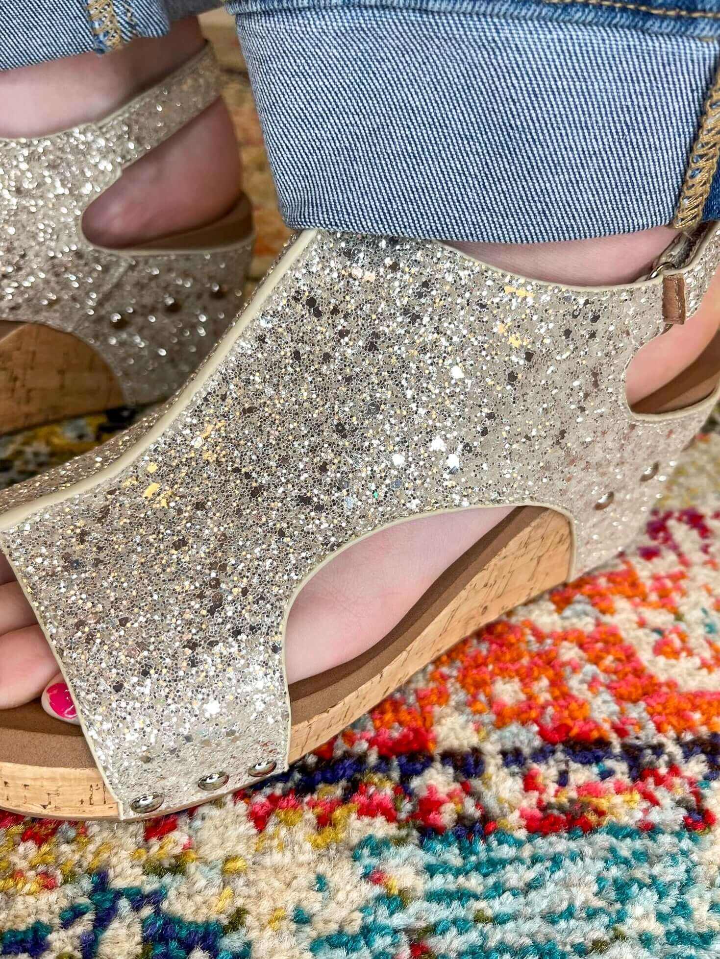 Corkys Footwear Carley Wedge Sandal - Beige New Glitter