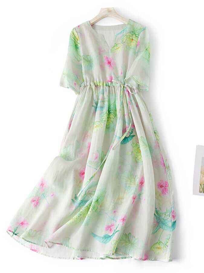 Cotton And Linen Printed Retro Art Waistband Dress