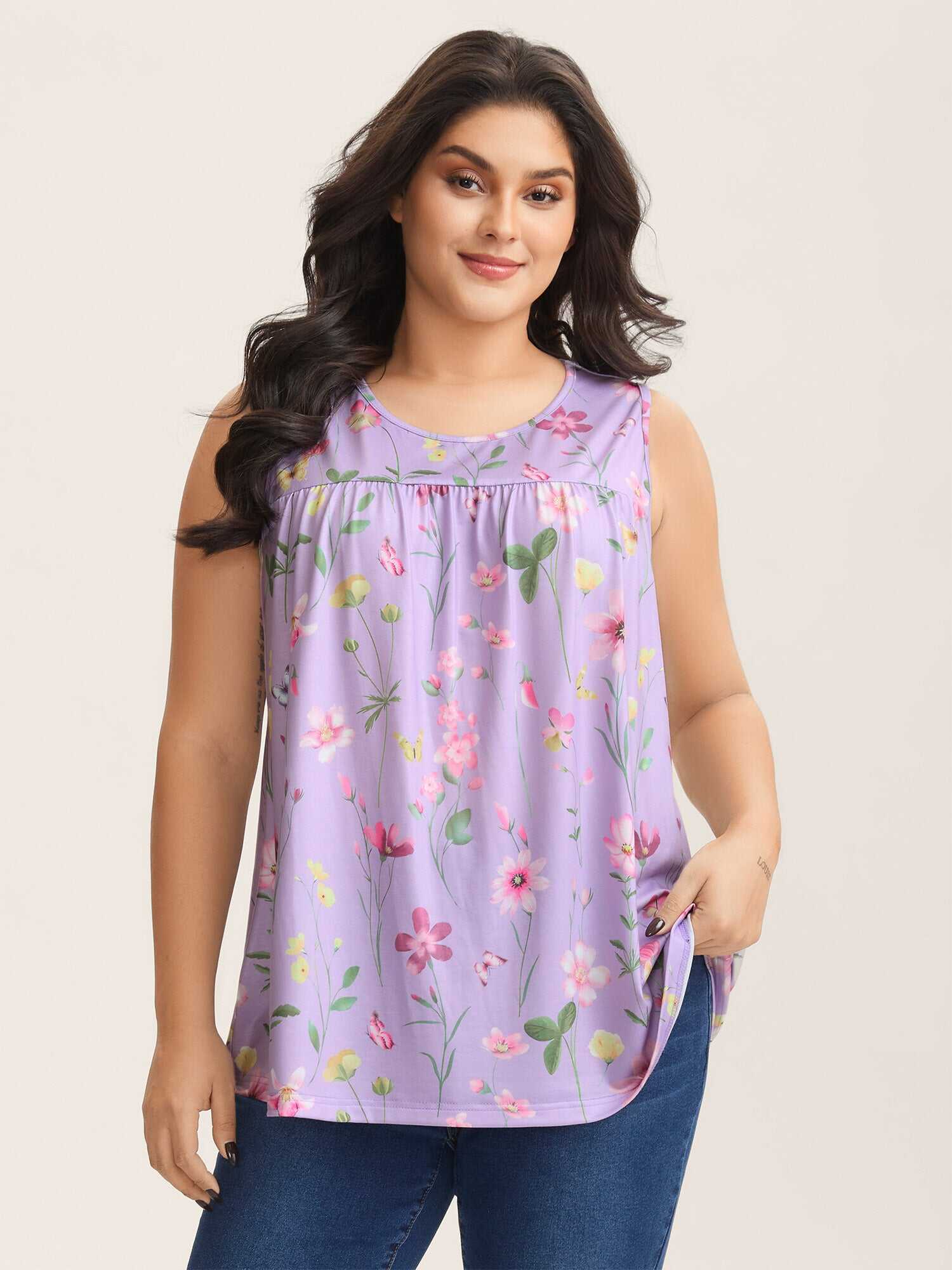 Floral Print Flowy Pleated Tank Top