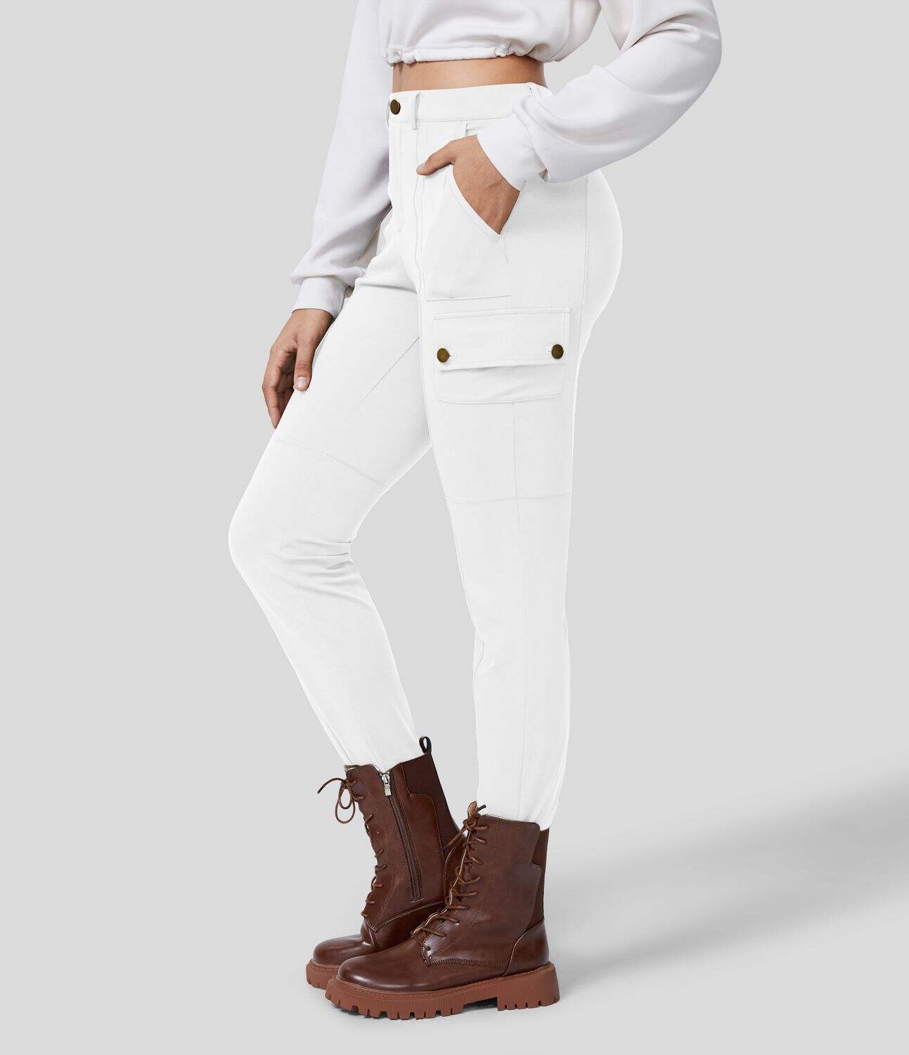 High Waisted Button Zipper Multiple Pockets Solid Skinny Hiking Cargo Pants