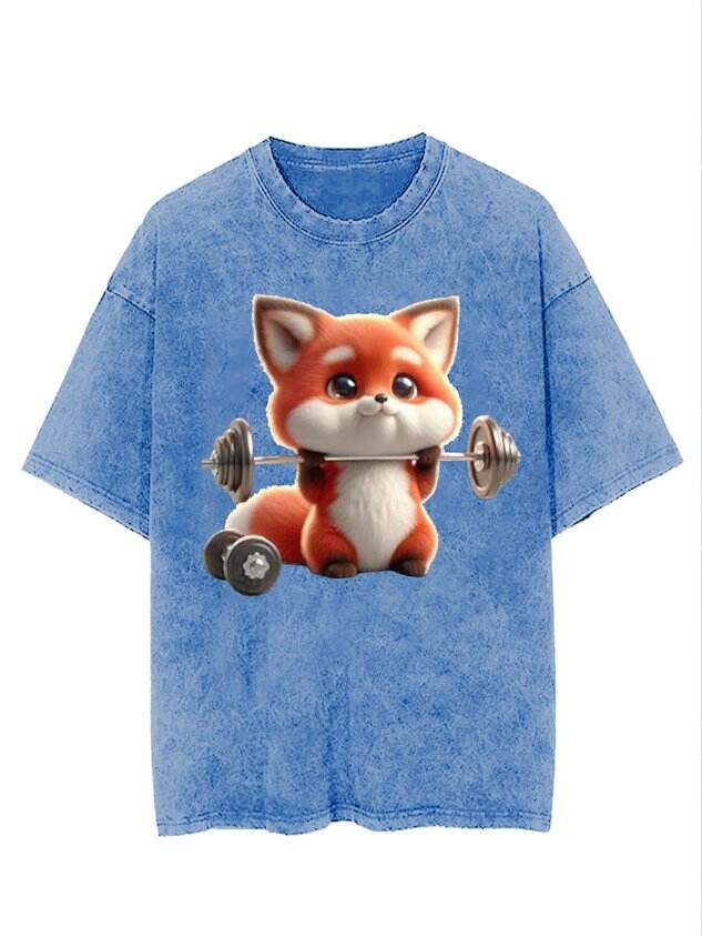 Funny Weightlifting Fox Print Washed Tee 🦊💪