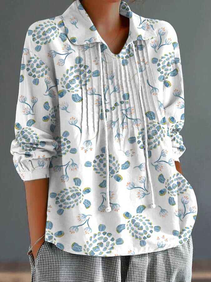 Women's Turtle Pattern Lapel Pleated Lace-Up Long Sleeve Loose Versatile Shirt